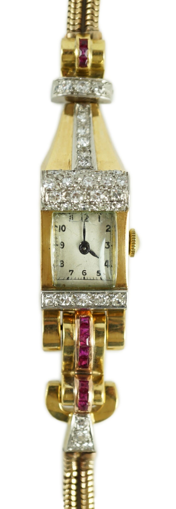A lady's 1950's gold, ruby and diamond set manual wind rectangular dial cocktail watch